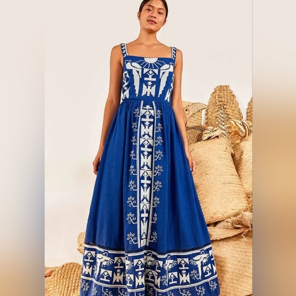 Farm Rio Navy Macaw Embroidered Maxi Dress